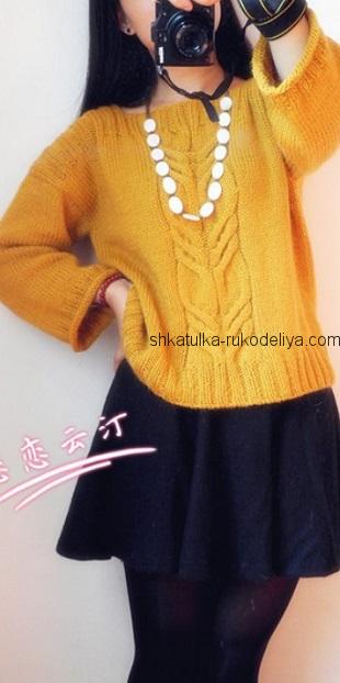 вязание спицами, пуловер, схема, для женщин, желтый, осенний