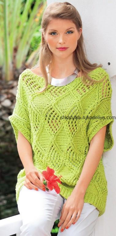 вязание спицами, пуловер, зеленый, узор ромб, для женщин, современный