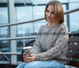 вязание крючком, пуловер, схема, описание, длинные рукава, узор цепочки, для женщин