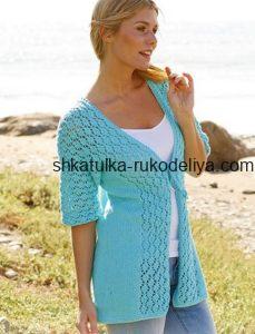 вязание спицами, жакет, схема, ажурная отделка, летний, короткий рукав, женский, бирюзовый