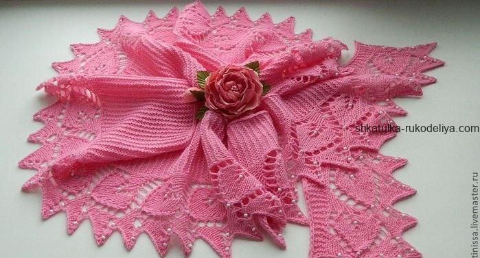 вязание спицами, шарф, схема, описание, для женщин, розовый, бусинки, кайма сердечка
