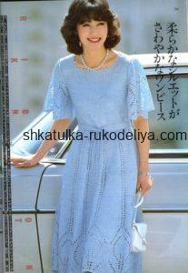 вязание спицами, платье, летнее, ажурный узор, схема, для женщин, голубое