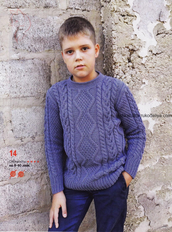 вязание спицами, пуловер, араны, для мальчика, схема, описание, теплый, на 9-10 лет