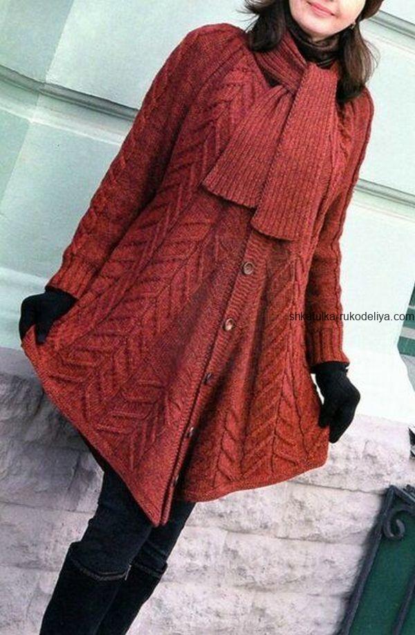 вязание спицами, пальто- пончо, для женщин, схема, описание, осеннее, стильное, бордовое