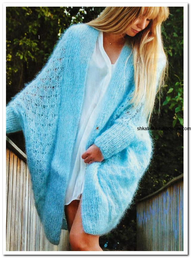 Кардиган одним полотном спицями.