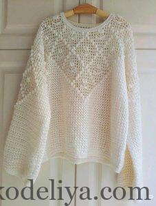 білий філейний джемпер гачком