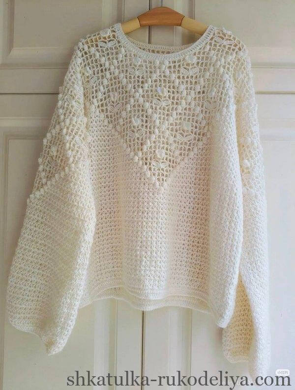 білий філейний джемпер гачком