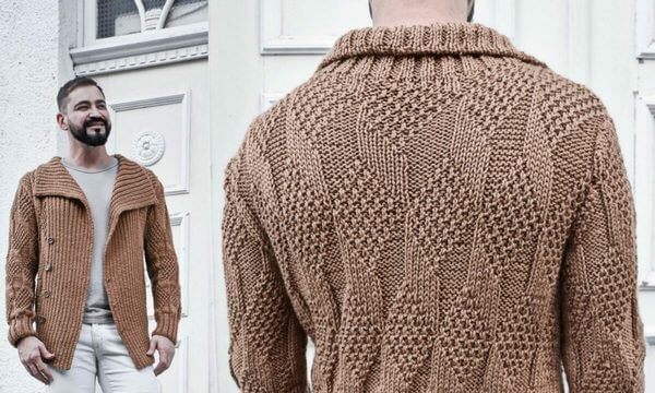 Чоловічий кардиган з широкою планкою спицями