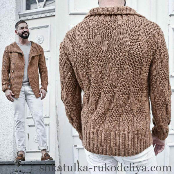 Чоловічий кардиган з широкою планкою спицями